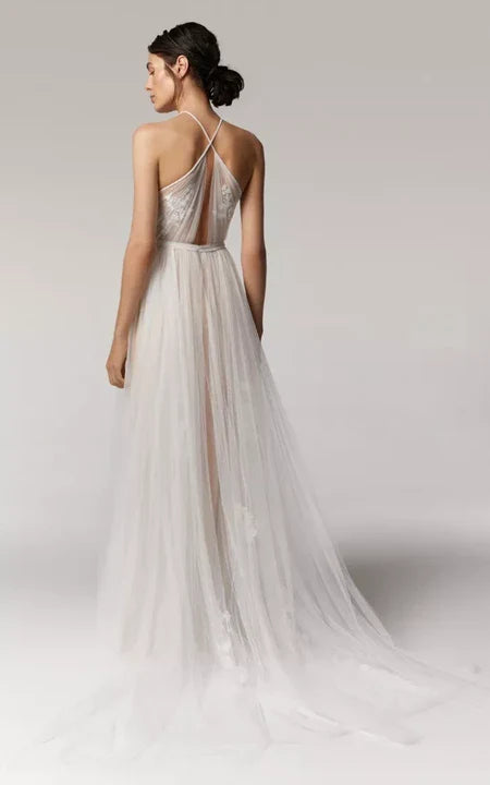 Vestido para boda, halter, sin mangas, tul, cintura imperio, plisado, con apliques, vestido para formal